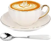 ONEUSTAR Tea Cup and Saucer Set for 1 Bone China English Tea Cup with Spoon 8 oz Teacup Coffee Cappuccino Latte Mug with Gold Trim, White