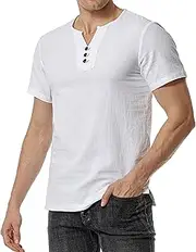 [PHJTOMK] Men's Slim Linen Sport Henley T-Shirt Casual V Neck Muscle Beach T Shirts Collarless Button Shirt