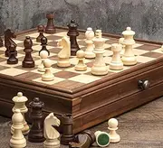Generic Deluxe Walnut 38 * 38 * 7.6cm Chess & Checker Set with Drawer, 2 Players, Age 6+