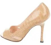 $4150 New Manolo Blahnik FARINELLI Peep Toe Pump ALLIGATOR Beige NUDE Shoes 36.5