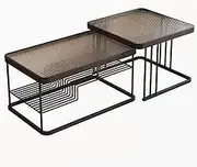 EKDJSN Square Nesting Coffee Table Set of 2, Hollow Bottom Frame Storage Coffee Tables, Asymmetric Design, with Tempered Glass Tabletop, for Small Space, Office, Bedroom(BlackB)