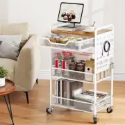 3 Tier Rolling Cart with Wheels - Metal Utility Carts with Drawers, Wood Tabl