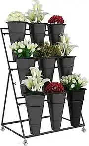 Mobile Plant Stand, 3 Tier 9 Buckets Flower Display Stand With Wheels, Iron Frame and Plastic Bucket, for Patio Garden Balcony Flower Shop(3 TIER BLACK SHELF BLACK BUCKET)