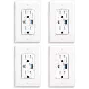 6.5A USB Type C Wall Outlet 15Amp TR Receptacle 65W Power Delivery w/Plate 4Pack