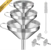 3Pcs Stainless Steel Funnel Set with Strainer for Oil Jam Powder Liquid