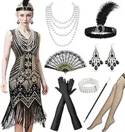 HarnyLoom 1920s Flapper Dresses Costume Women Roaring 20s Costumes Sequin Beaded Dress Accessories Set for Carnival Parties Halloween