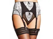 Dita Von Teese Jacquard Satin lingerie suspender BNWT Sz 8 Silver Screen/ black