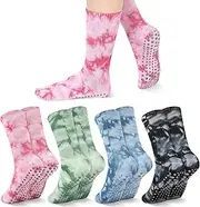 [Invalidism] 4 Pairs Pilates Grip Socks Tie Dye Non Slip Yoga Socks for Women with Grips Cotton Athletic Sock Ladies Grippy Sock for Home Gym Workout Sports Fitness Dance