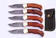 Damascus steel Folding Pocket Knife Lot Bone Stag Horn Wood Handle with Sheath