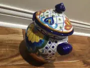 SCROLL HANDLE COOKIE JAR TERRA BELLA Blue Floral LATICE Leaf Cobalt Blue 8'' NE