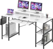 55 Inch White Computer Desk with Keyboard Tray, Storage Shelves, and Monitor Stands - Easy Assembly