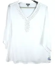 NWT JM COLLECTION Women's Linen Blouse 3/4 Sleeve Beads White Size XL $59.50