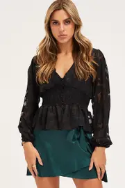 Black Peplum Top Long Sleeve V-Neck - Size XS, Women's Cami