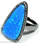 Large freeform Blue Fire Opal 925 Sterling Silver Black Rhodium Ring Sz 6,7,8,9