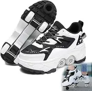 [AMMFIT] Deformation Roller Shoes Quad Roller Skates with Brake, Shoes with Wheels for Kids and Adults Sports Outdoors Technical Skateboarding Shoe,White2-8.5
