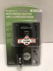 PowerLine Auto Car Socket Splitter With 2.4amp USB Power. New 90337
