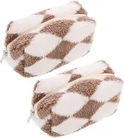 Ipetboom 2pcs Checkerboard Cosmetic Bag Travel Makeup Bag Makeup Bag Fuzzy Toiletry Travel Bag Checkered Bag Makeup Brush Bag Travel Pouch Makeup Bag Organizer Pencil Bag Khaki Plush