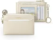 [Vulkitty] Slim Card Holder for Womem with Keychain and ID Window, Minimalist Wallet RFID Protected for Cards, Bills, Keys and Coins, Beige