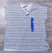 ORVIS Shirt Adult Large Blue V-Neck Diamond Tunic Top Knit Polyester Rayon Women