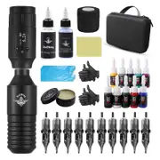 Professional Tattoos Machine Set Motor Wireless Tattoos Power Supply RCA/DC Tattoos Pen with 10Pcs Cartridge Needle Black DC