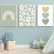 Set of 3 Posters for Children's Room, Boho Daisies Rainbow Wall Pictures Children's Room Decoration, Canvas Wall Posters for Children's Room, Without Frame (30 x 40 cm)
