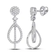 14k White Gold Round Diamond Double Teardrop Dangle Earrings 3/8 Cttw