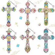 Ireer 6 Pcs Cross 5D Diamond Art Kit for Adult DIY Painting Kit Religious Crystal Cross Diamond Bookmarks for Reading Lover Home Office School Project Read DIY Crafts Gifts, 6 Styles