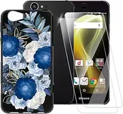 ESACMOT Blue Flowers Pattern Case Compatible with Sharp Aquos Zeta SH-04H + [2 Pack] Screen Protector Tempered Glass, Shockproof Case Cover for Sharp docomo Aquos Zeta SH-04H (5.3 inch)