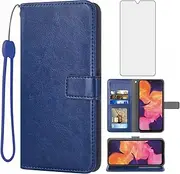 [Asuwish] Compatible with Samsung Galaxy A70 Wallet Case Tempered Glass Screen Protector and Flip Cover Card Holder Stand Cell Accessories Phone Cases for Glaxay A70S A 70 Gaxaly 70A S70 Women Men Blue