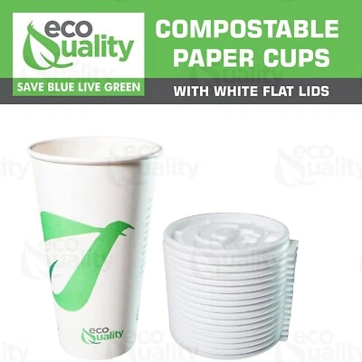 16oz Compostable Biodegradable Disposable White Paper Cups w/ Flat White Lids