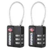 Brinks, 1/4in 3-Dial TSA Luggage Padlock with Steel Cable Shackle, 2-Pack BLACK