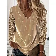 Women's Shirt Blouse Metallic Basic Sparkly Print Long Sleeve Regular Tops V Neck Party New Year Yellow Gray Spring Fall