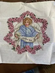 Completed Cross Stitch Glory to God Angel & Roses Not Framed
