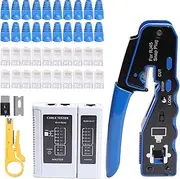 Shengbowi RJ45 Crimp Tool Kit Pass Through Ethernet Cat6 Cat6a Cat5e Crimping Tool with 20PCS Cat6 Pass-Thru Connectors 1 Wire Cutter Plier 1 Mini Wire Stripper 1 Network Cable Tester