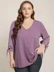 Bloomchic Knotted Tie 3/4 Sleeve V Neck Blouse Top Mauve Purple 28