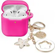 [OLEBAND] Case Fit for Airpod Case 1st/2nd Generation with Cute Bling Keychain,iPods Silione Cover Compatible for Apple Air pod/iPod 2 and 1 Gen Case,LED Visible,for Women and Girls,Rose Red
