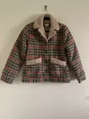 Brixton Nouvelle Sherpa Plaid Print Peacoat Jacket in Vanilla Size Medium - New