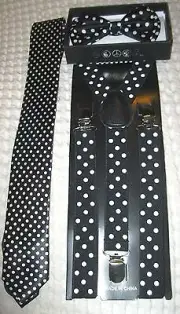 Unisex Black White Polka Dot Pre-Tied Bow Tie,Y-Back Suspenders,&2" W Neck tie