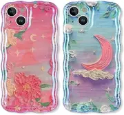 Buoluoioir Pack of 2 Mobile Phone Case for Apple iPhone 14 6.1 Inch, Stars Moon Flowers Case Funny Case Cute Painted Pattern Aesthetic Design Protective Case Slim Shockproof Scratch-Resistant Case 4