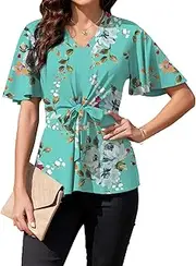 [ArtJuly] Women Casual Peplum Tops Elegant V Neck Bell Short Sleeve Dressy Blouses Cute Tie Front Tops Shirts