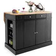 Giantex Kitchen Island Table 2-Door Mobile Storage Cabinet w/Wood Countertop & Drawers Adjustable Shelves Trolley Black