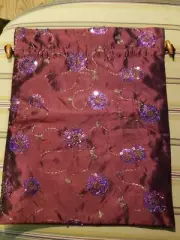 Printed Maroon Satin Sequined Drawstring Travel Shoe Bag 14 X 11" NEW