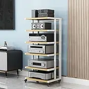 AV Media Stand With Wheels Stereo Rack 4 5 6 Tier Audio Rack Movable Media Storage Cabinet Audio Video CD Player Component Cabinet HiFi Rack(White+Walnut,6 Tier)