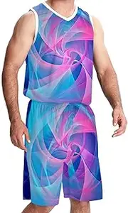 [KQNZT] Basketball Jersey and Shorts, Jersey Shorts Outfit Set, Men's Lightweight Rec Tanks, Modern Blue Gold Wave Geometric Stripes