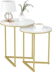 Marble Top Side Table Gold: 2 Nesting Small Sofa End Tables Round Bedside Nest Sets High Gloss Sintered Stone Marble Tabletop with Golden Metal Legs Nested Accent Tables for Living Room Offices