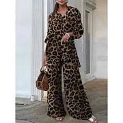 Women's Fashion Streetwear Daily Shirt Wide Leg Pants Long Sleeve Shirt Collar Leopard Print Casual Daily Brown Khaki Gray Fall Regular Fit