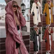 AU Women Long Knitted Cardigan Coat Lady Chunky Hooded Open Front Sweater Winter