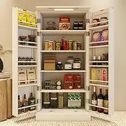 Locsear Kitchen Pantry Storage Cabinet w/LED, 50" Pantry Cabinets w/Doors and Shelves, Freestanding Pantry Cupboard for Kitchen, Dinning Room, Living Room, Small Place, White