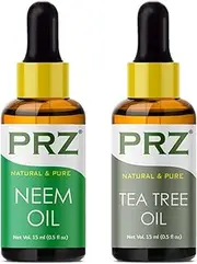 PRZ Combo of Neem Carrier Oil & Tea Tree Oil For Hair Growth, Skin Care (Each 15ML) - Pure Natural & Therapeutic Grade Oil For Aromatherapy Body Massage, Skin Care & Hair Care