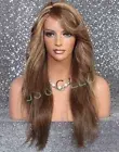 Human Hair Blend Wig Heat OK Wavy Side Long Blonde Brown 2216 Bang Layered JVTH